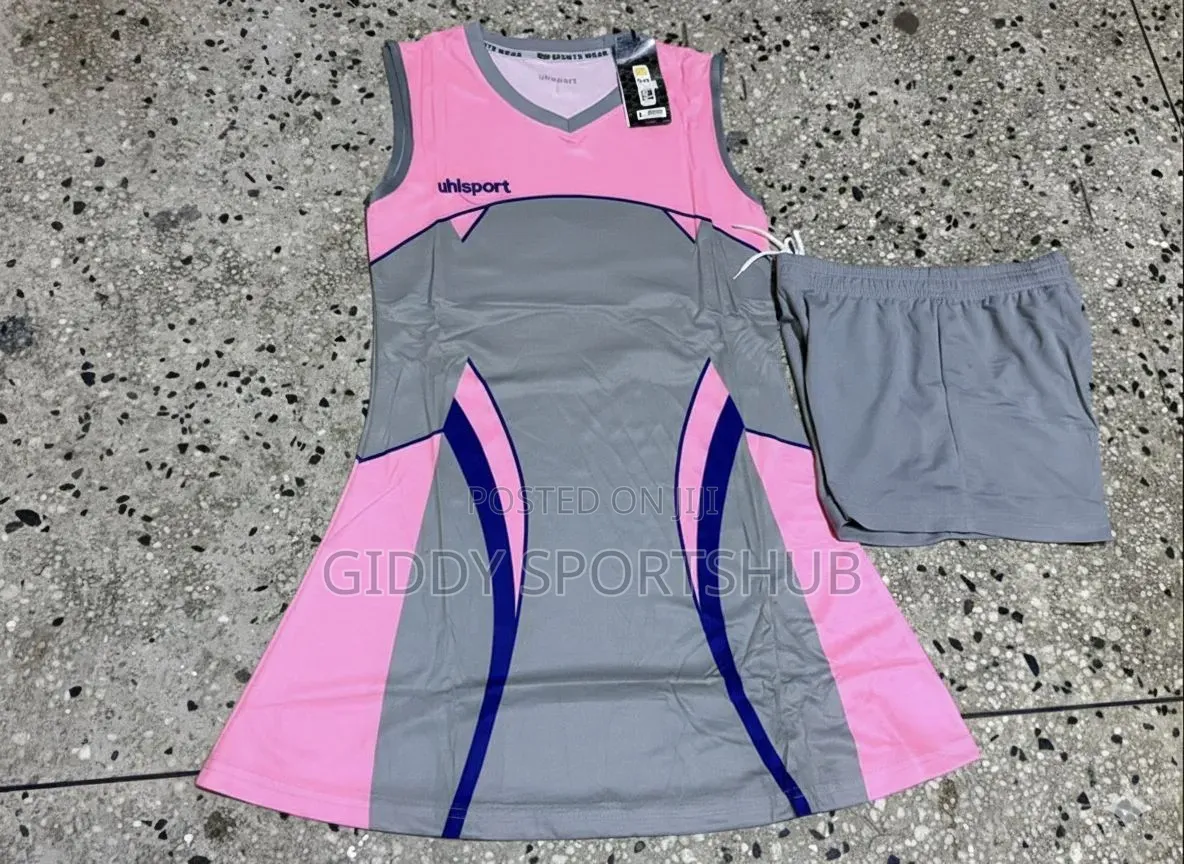 Pink With Grey and Blue Line Netball Uniform