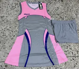 Pink With Grey and Blue Line Netball Uniform