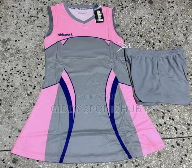 Pink With Grey and Blue Line Netball Uniform - thumbnail 2