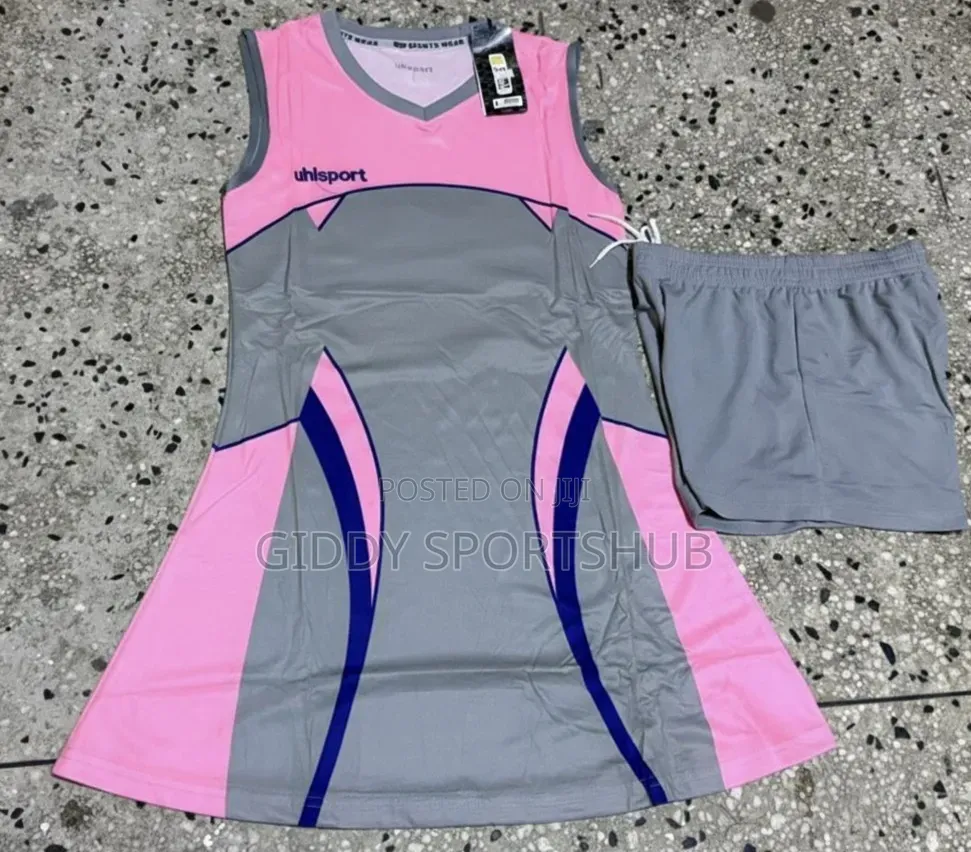 Pink With Grey and Blue Line Netball Uniform