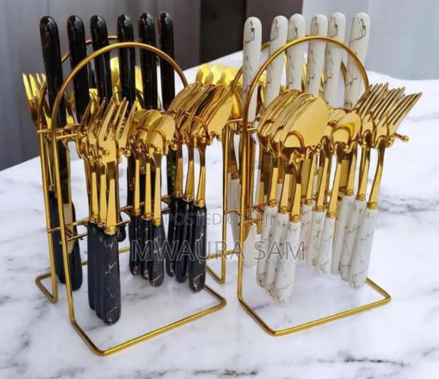24pcs Marble Gold Cutlery Set With a Gold Holder