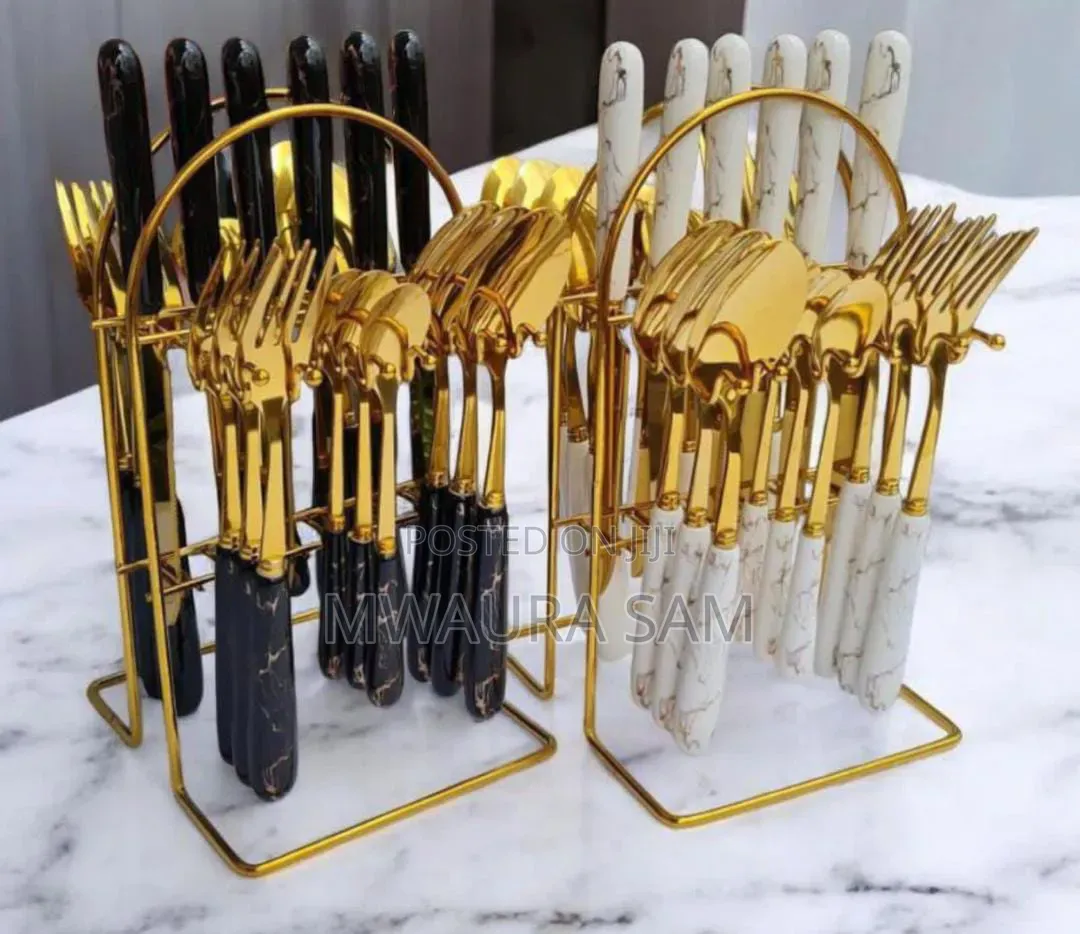 24pcs Marble Gold Cutlery Set With a Gold Holder