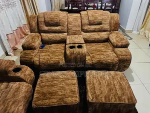 5-Seater Brown Suede Recliner Sofa Set With Console + 3 Ottomans -