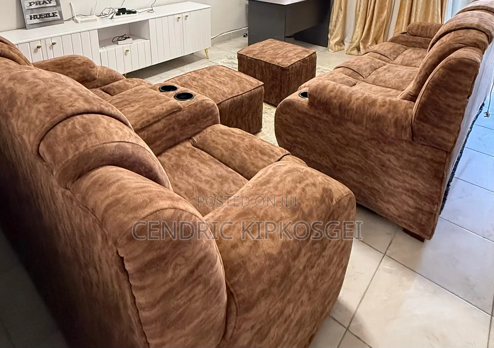 5-Seater Brown Suede Recliner Sofa Set With Console + 3 Ottomans -
