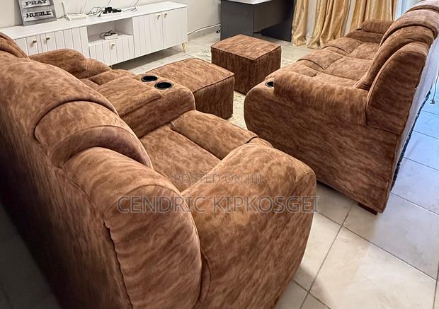 5-Seater Brown Suede Recliner Sofa Set With Console + 3 Ottomans -
