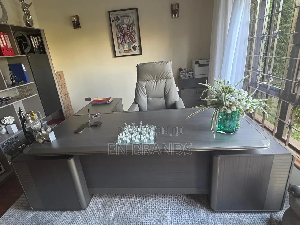 Executive Office Set With a Desk, Reclining Chair, and Wall Cabinet