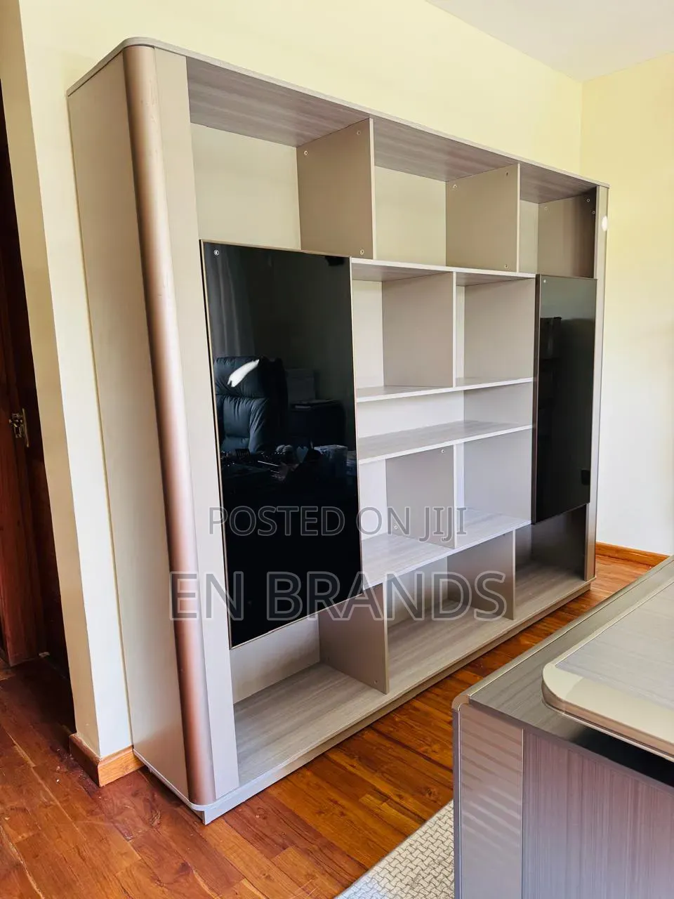 Executive Office Set With a Desk, Reclining Chair, and Wall Cabinet