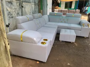 L Shaped Sofa Grey With Cup Holders and Leg Rest