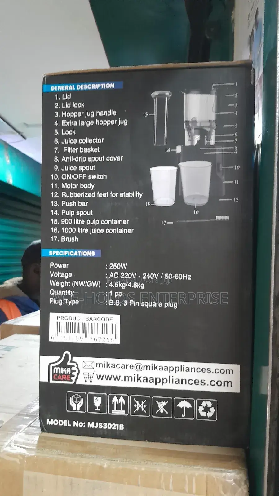 Mika Slow Juicer - 250watts (Mjs3021b) 3 Pin Plug