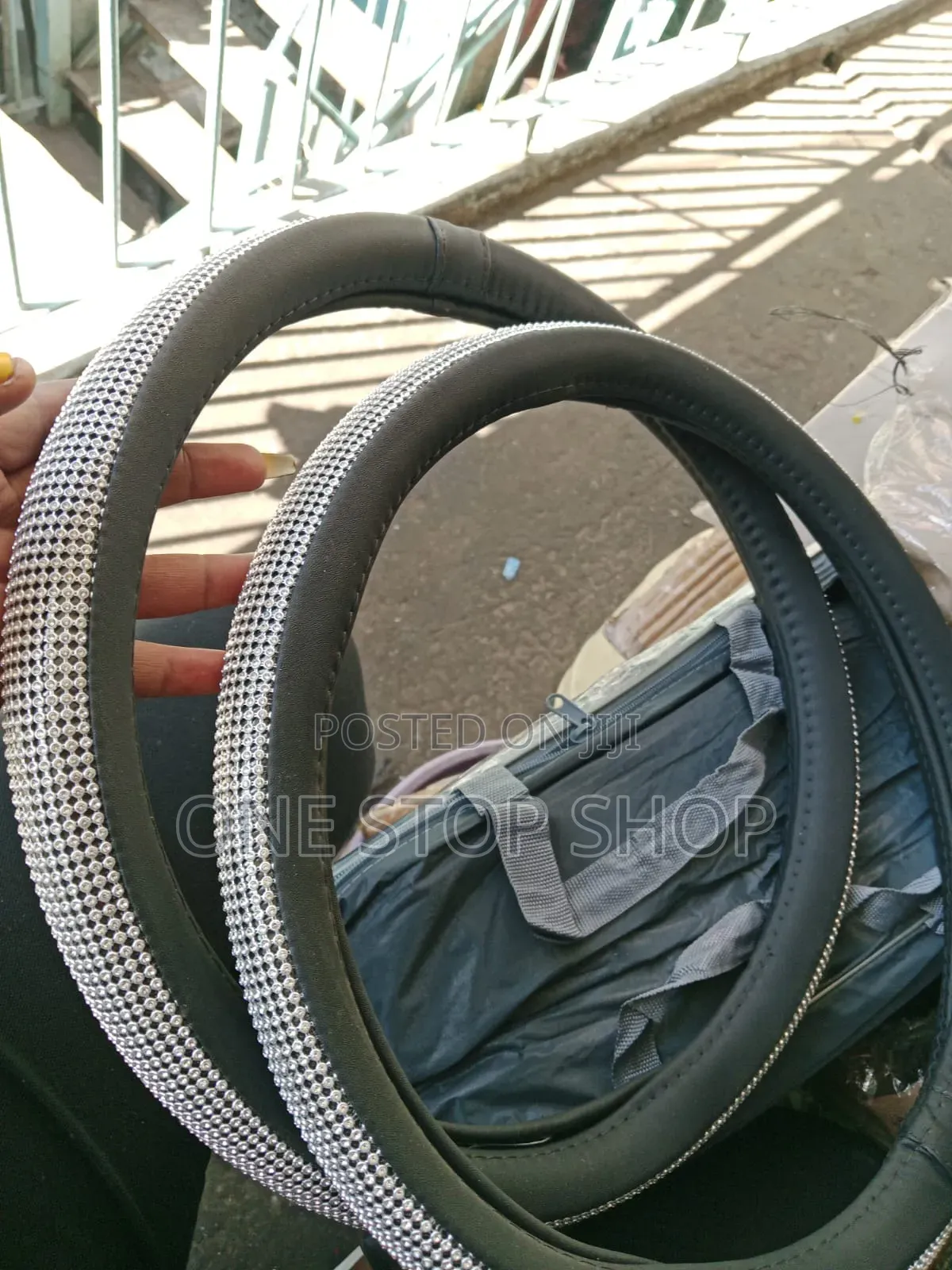 Universal Steering Wheel Cover With Silver Rhinestone Embellishments