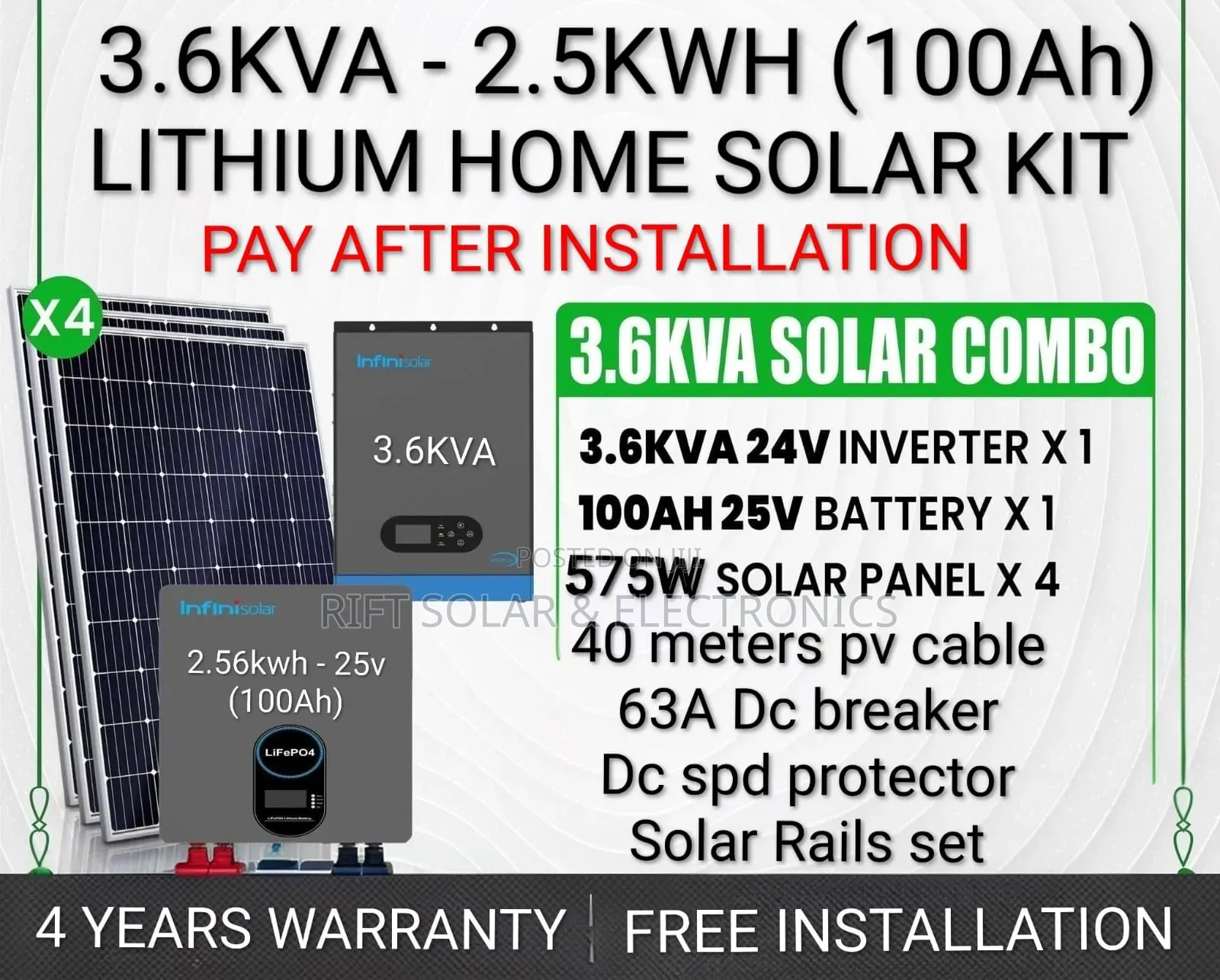 3.6kva Inverter - 2.56kwh Lithium Battery - (4)575w Solar Panels Kit