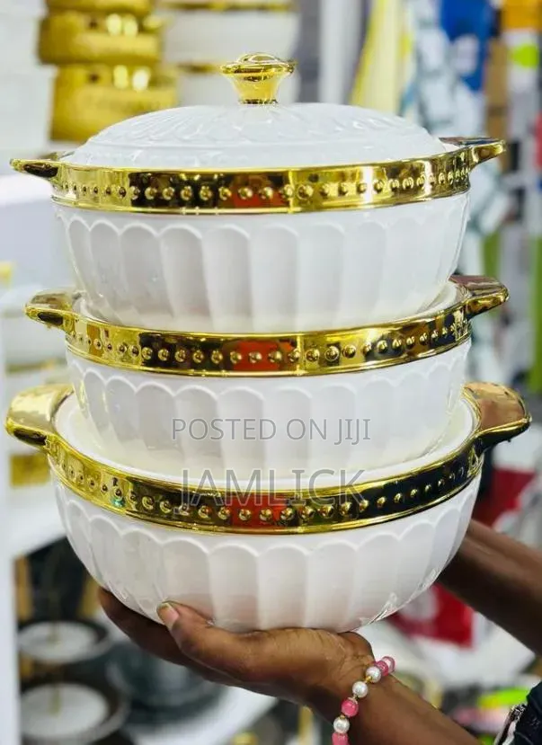 3pcs Large Ceramic Soup Pot Set – Gold White – Jf