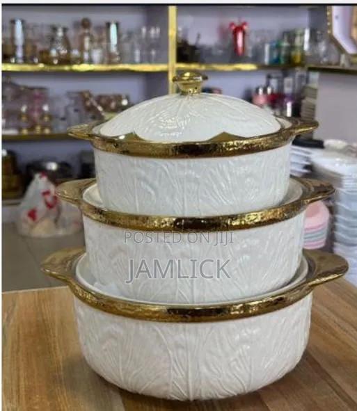 3pcs Large Ceramic Soup Pot Set – Gold White – Jf - thumbnail 3