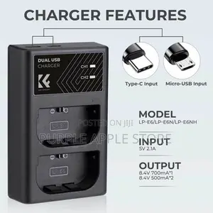 K F Concept Lp-E6nh Dual Slot Quick Charger With Micro Usb Ype-C Dual