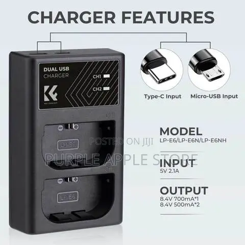 K F Concept Lp-E6nh Dual Slot Quick Charger With Micro Usb Ype-C Dual