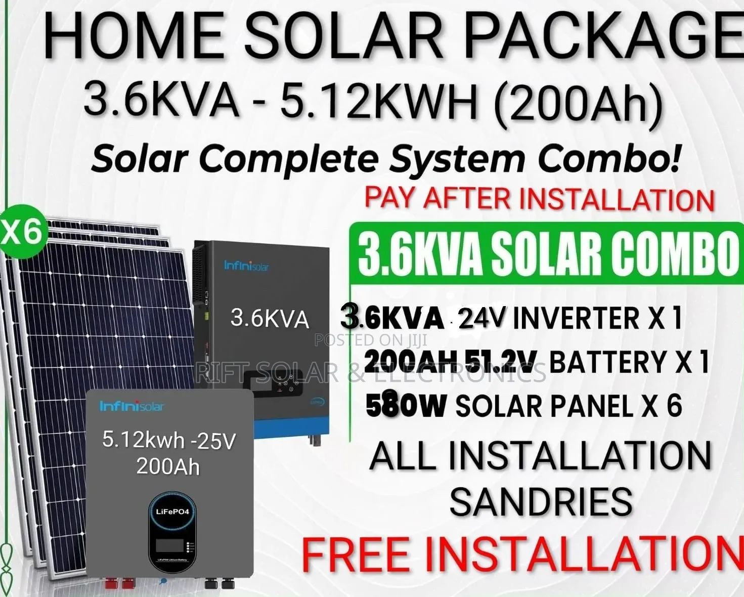 3.6kva Inverter - 5.12kwh (200ah) Lithium - (6)580w Solar Full Package