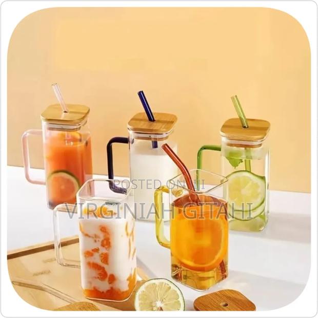 380ml Square Smoothie Glass Cups With Bamboo Lid With Straw
