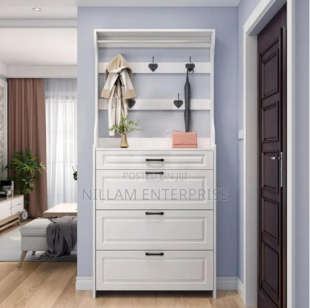 White Narrow Shoe Cabinet With Hanger