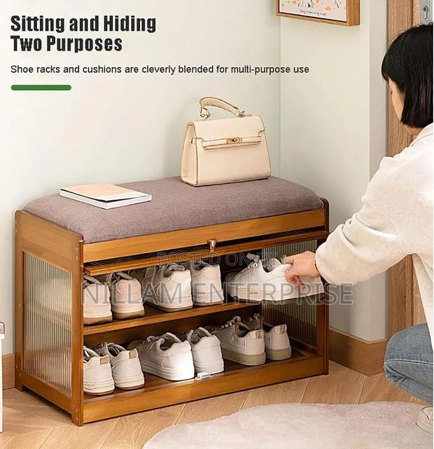Entry Way Wooden Bucket Flip With Stool Shoe Cabinet*