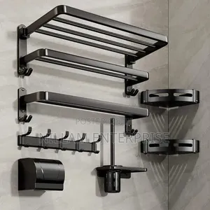 *7pcs Black Multifunctional Aluminum Bath Towel Storage Rack