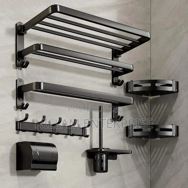 *7pcs Black Multifunctional Aluminum Bath Towel Storage Rack - thumbnail 3
