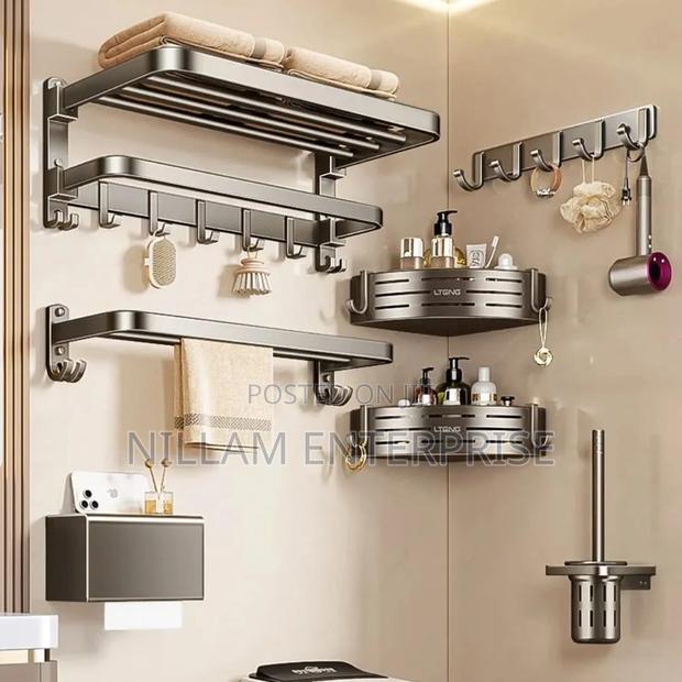 *7pcs Black Multifunctional Aluminum Bath Towel Storage Rack - thumbnail 4