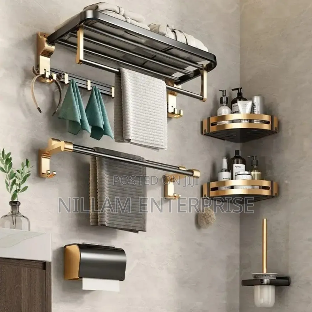 *7pcs Black Multifunctional Aluminum Bath Towel Storage Rack