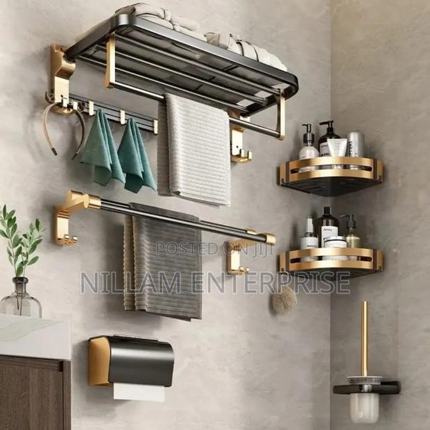 *7pcs Black Multifunctional Aluminum Bath Towel Storage Rack - thumbnail 5