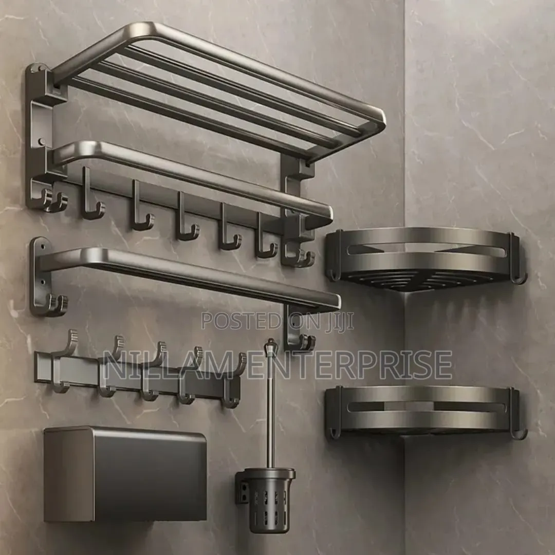 *7pcs Black Multifunctional Aluminum Bath Towel Storage Rack