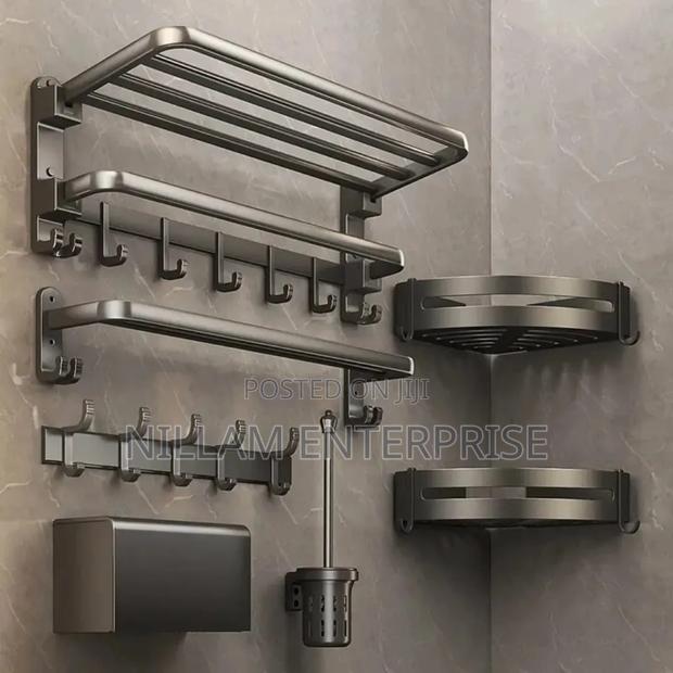 *7pcs Black Multifunctional Aluminum Bath Towel Storage Rack - thumbnail 6