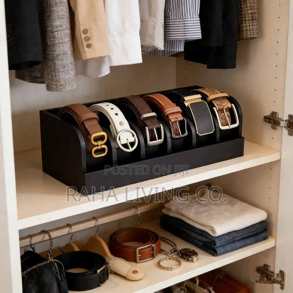 6 Slot Premium Bamboo Belt Organizer | Black Brown