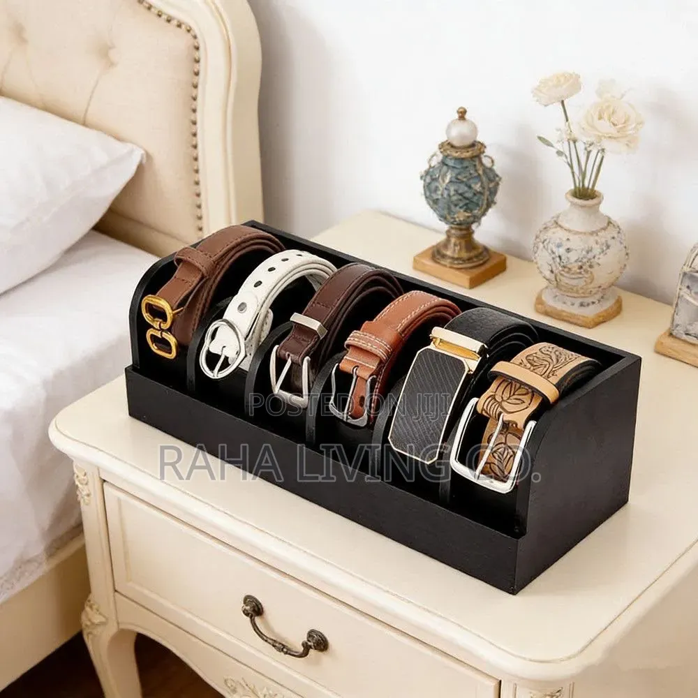 6 Slot Premium Bamboo Belt Organizer | Black Brown