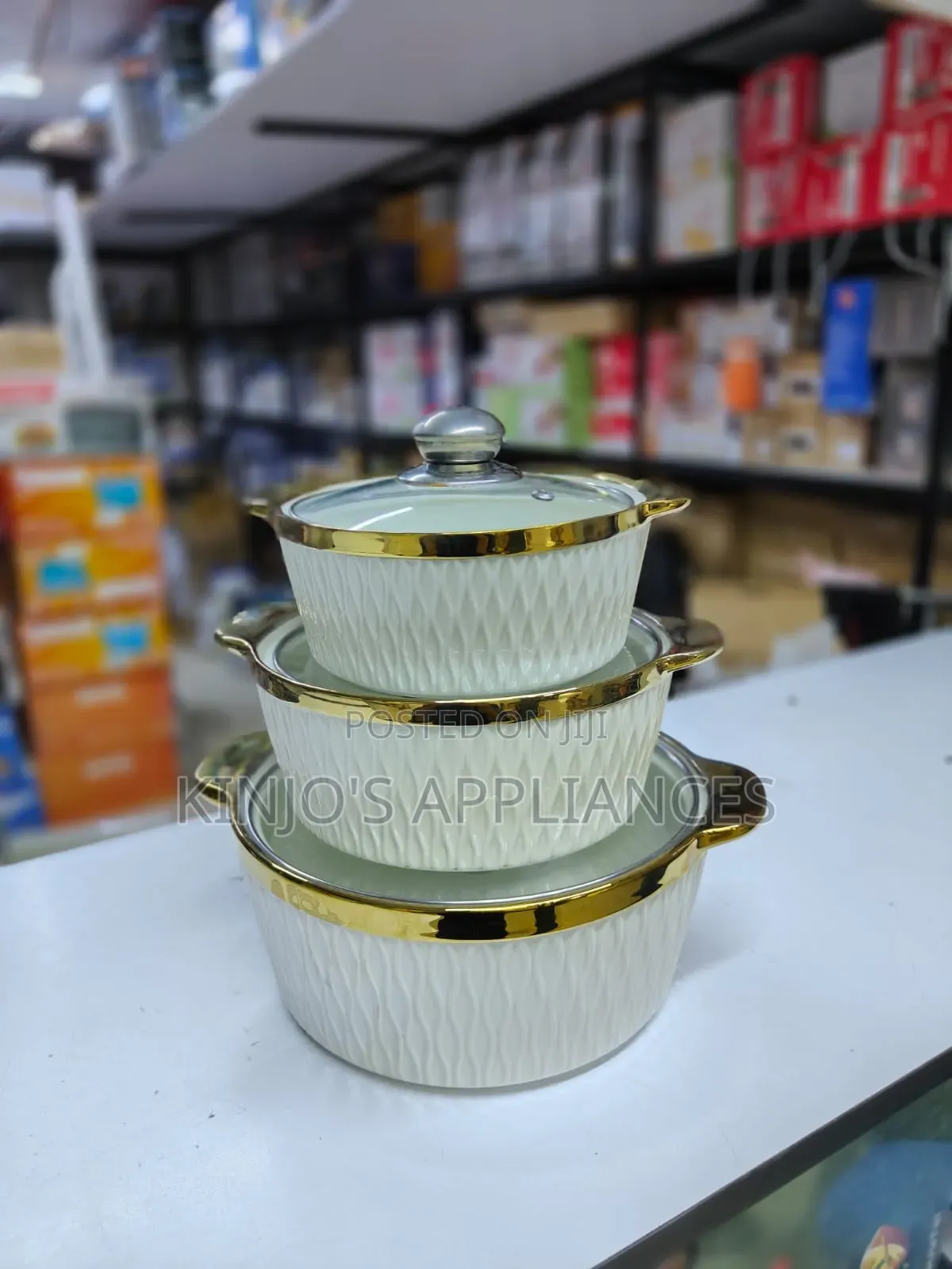 3pc Set Gold Ceramic Serving Dishes With Glass Cover