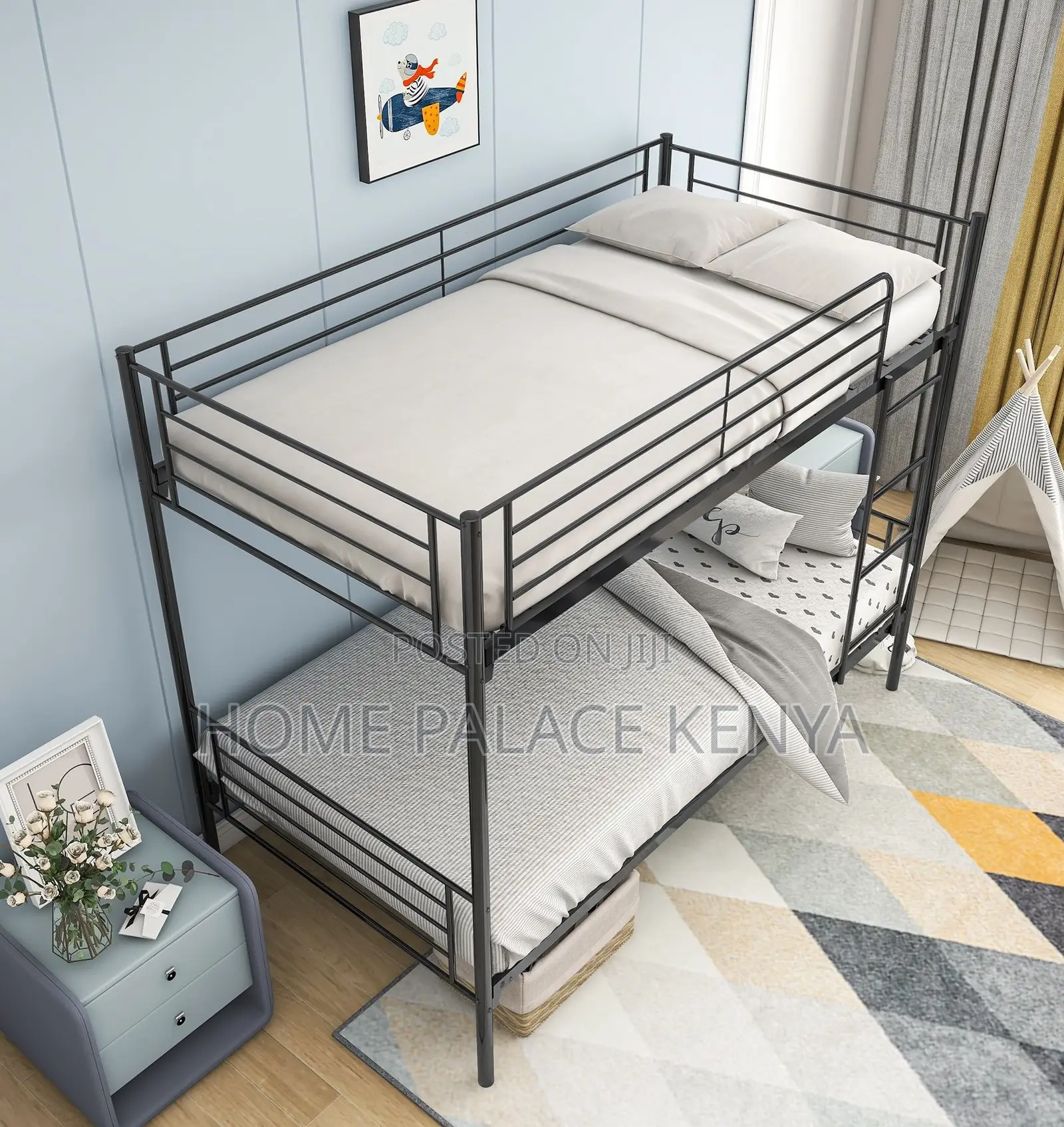 Bunk Bed: Steel Double Bed With Rails and Ladder