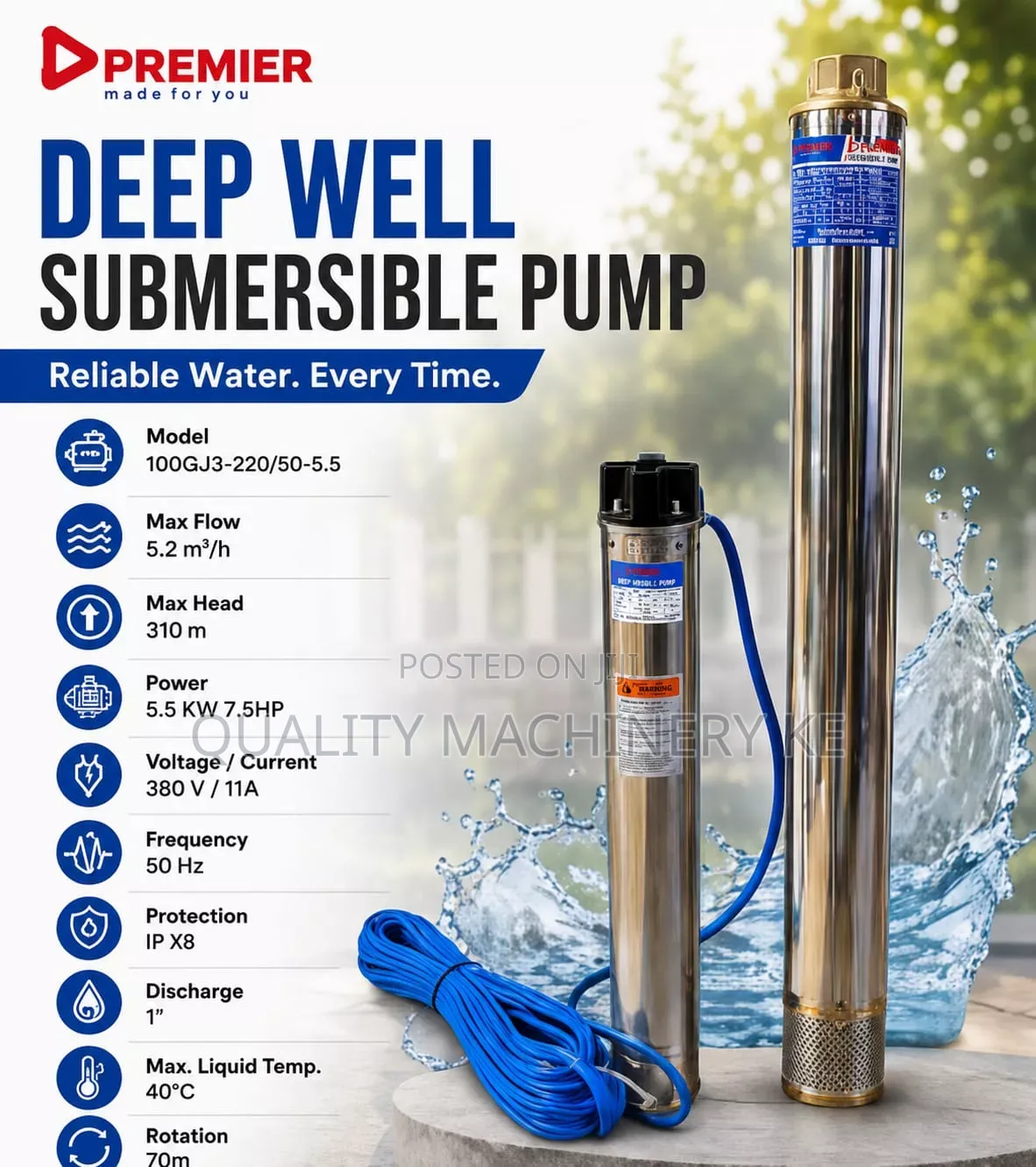 Energy Efficient Deep Well Submersible Pump 3phase 190m Head