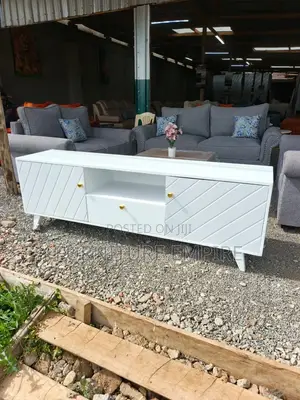 Modern White Rectangular Tv Stand Gold Knobs Diagonal Design