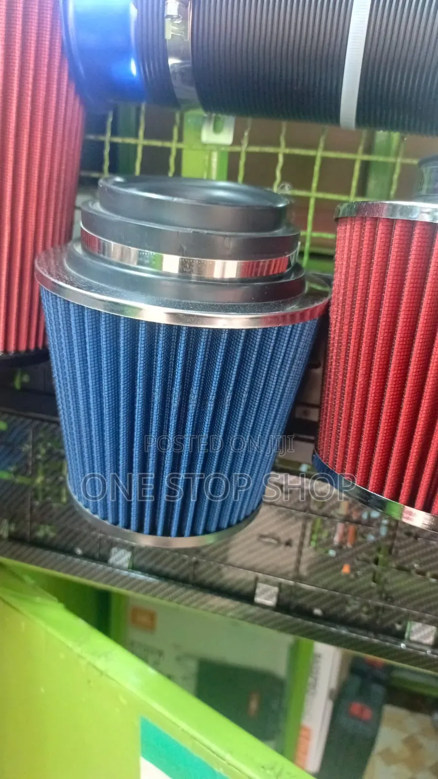 Air Filter Head With a Blue Pleated Design 3_3.5_4inch Fitting Adapter