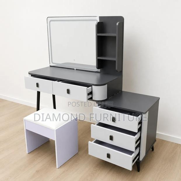 Led Dressing Table With Mirror, Stool Drawers – Modern Makeup Vanity - thumbnail 2