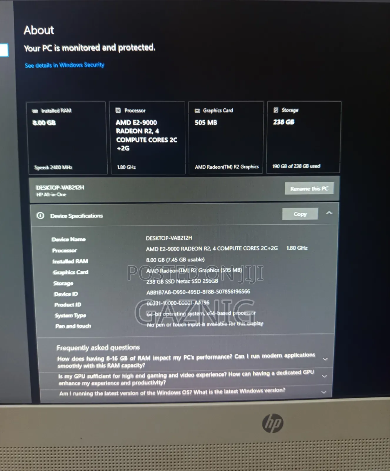 Desktop Computer HP AiO 20 8GB AMD SSD 256GB