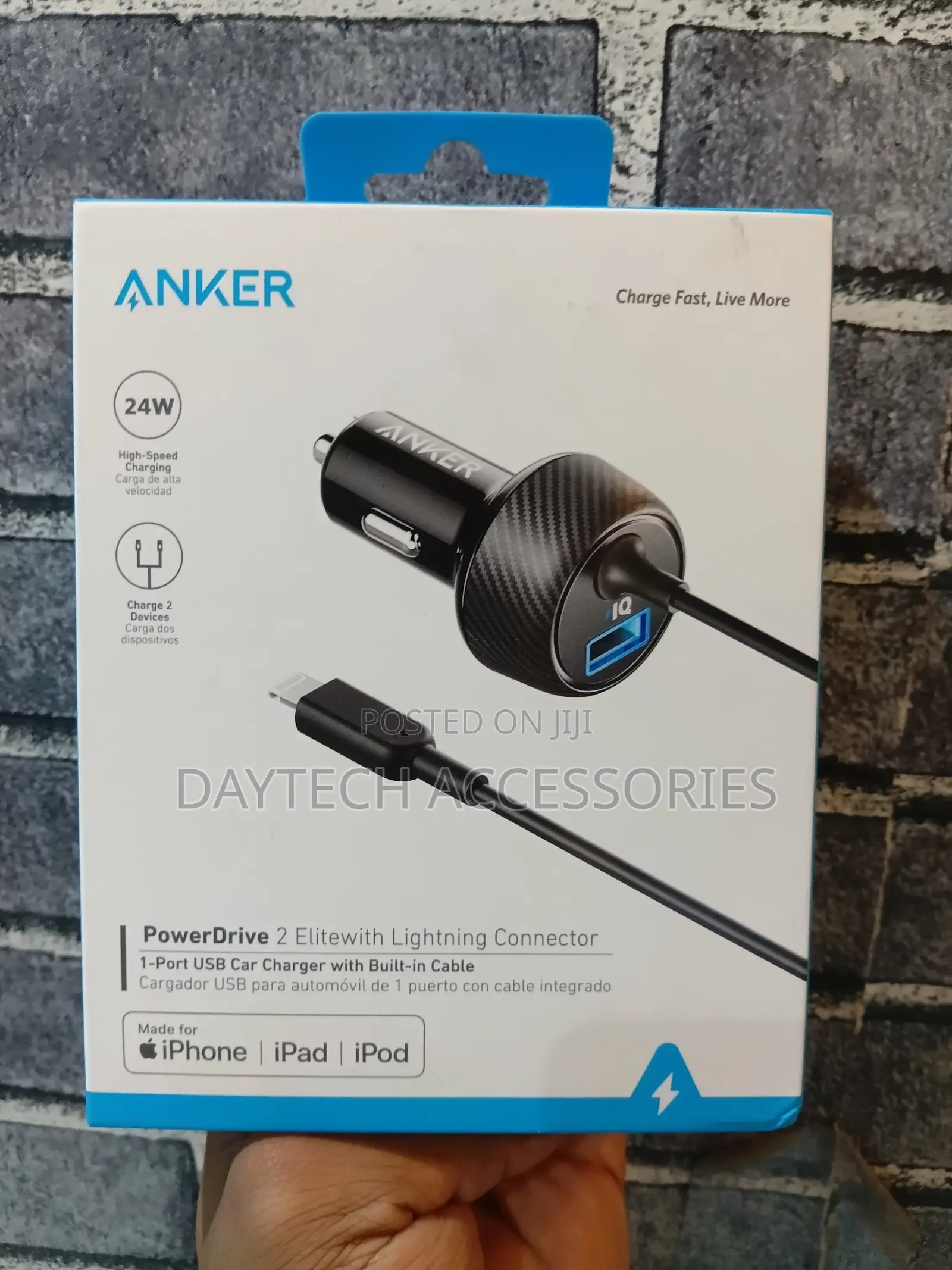 Anker Powerdrive 2 Elite Car Charger With Built-in Lightning Cable.