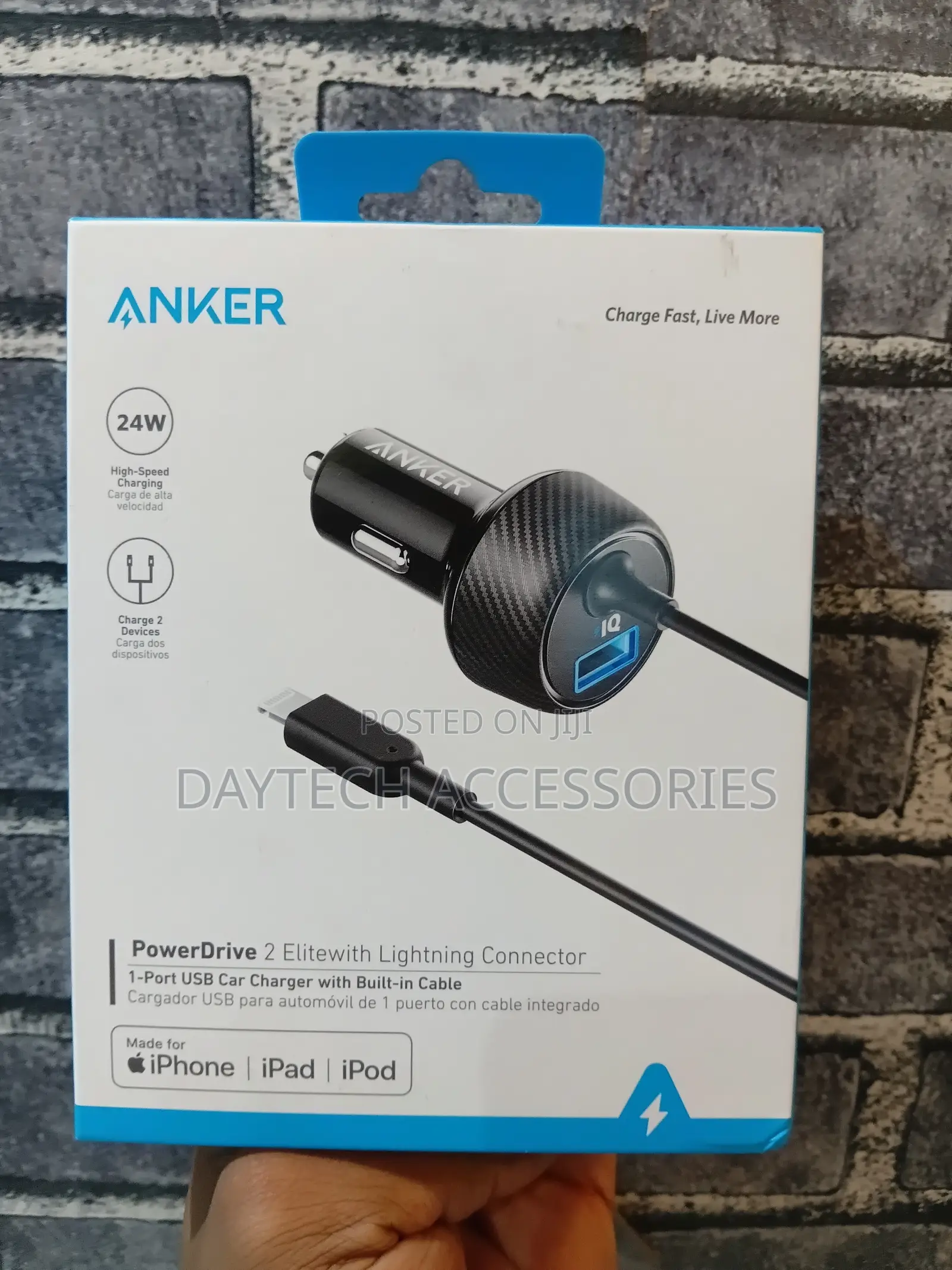 Anker Powerdrive 2 Elite Car Charger With Built-in Lightning Cable.