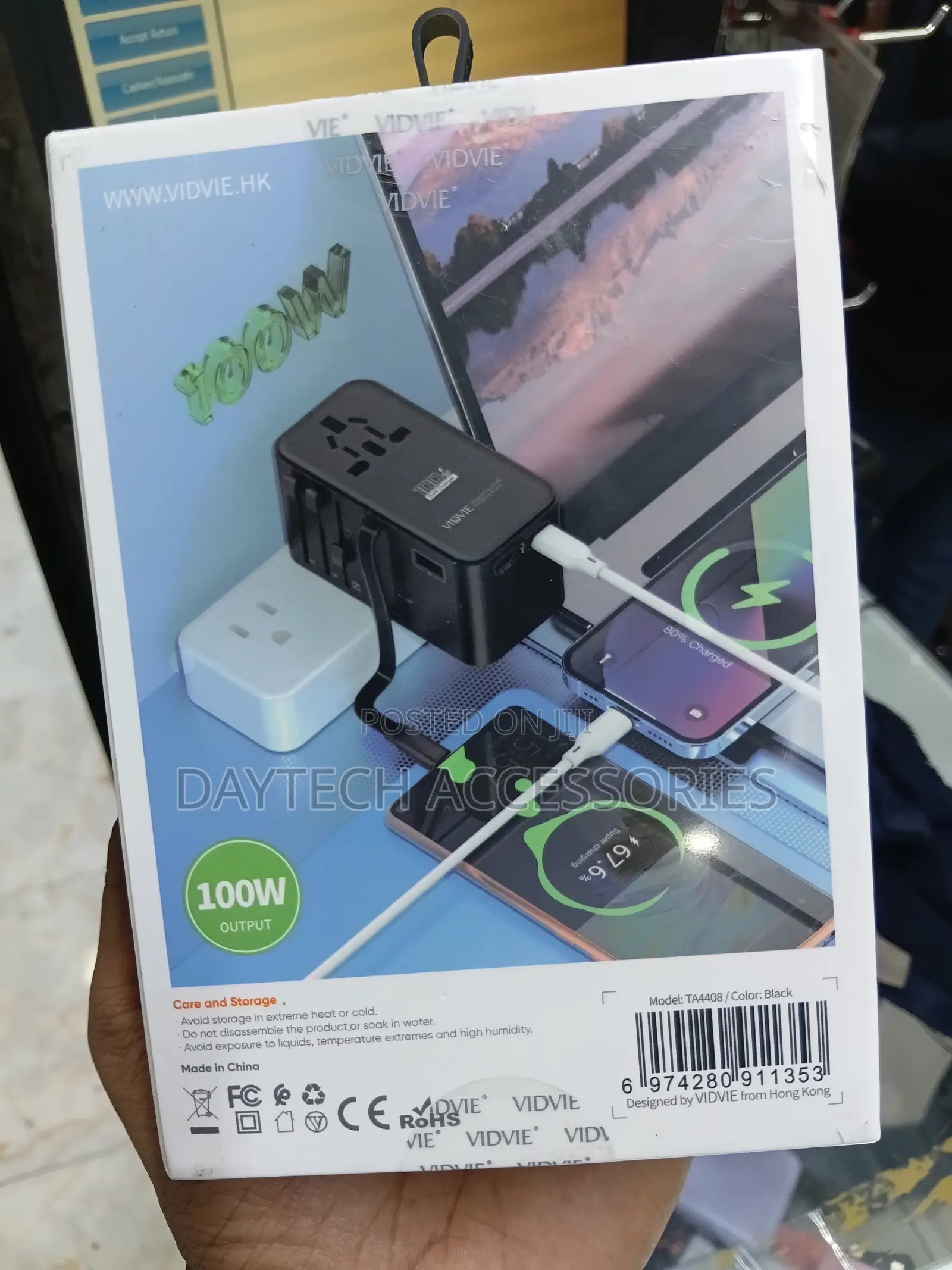 Vidvie Ta4408 100w Global Travel Adapter With a Built-in Type-C Cable