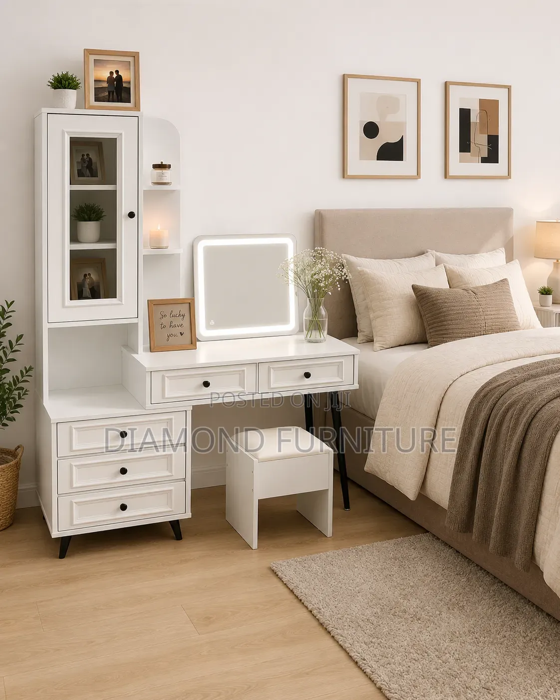 Modern White Dressing Table With Mirror, Stool Storage Cabinet