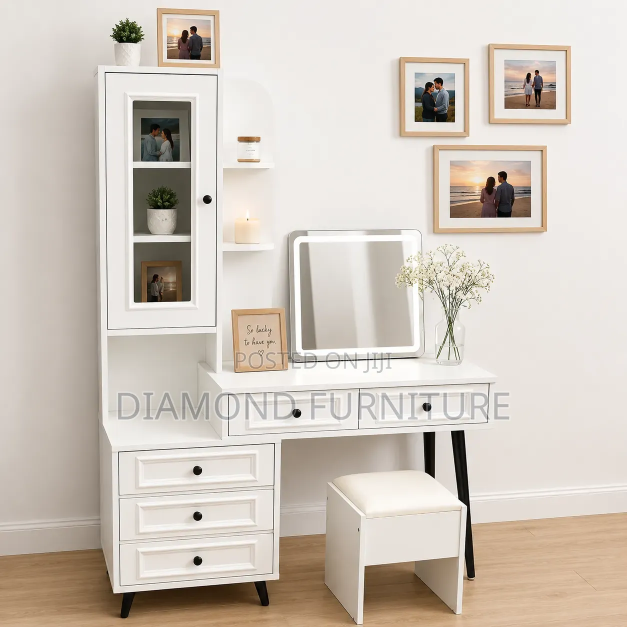 Modern White Dressing Table With Mirror, Stool Storage Cabinet
