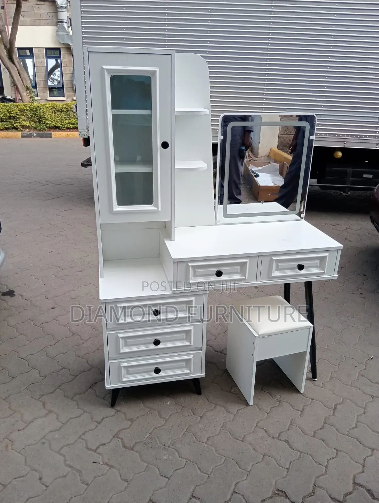 Modern White Dressing Table With Mirror, Stool Storage Cabinet