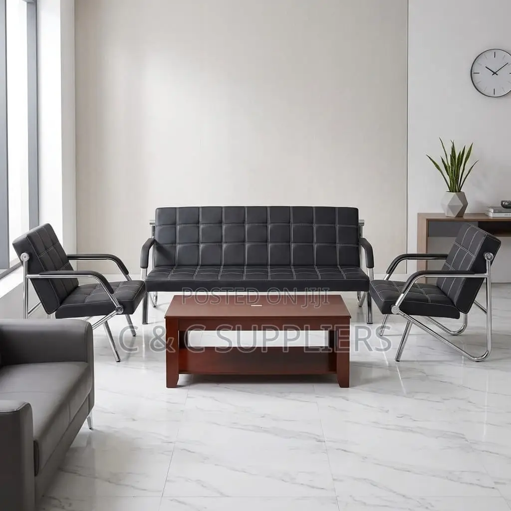 5-Seater Black Leather Visitor's Sofa
