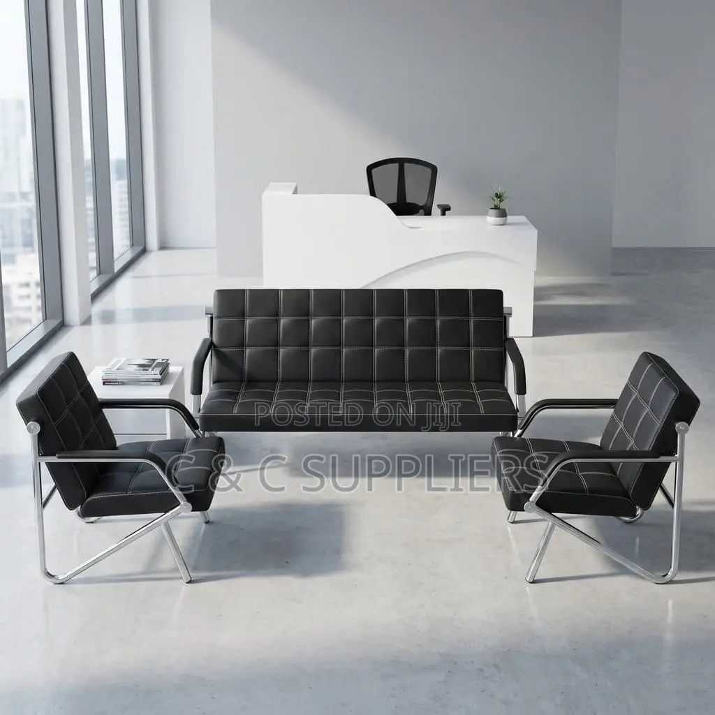 5-Seater Black Leather Visitor's Sofa