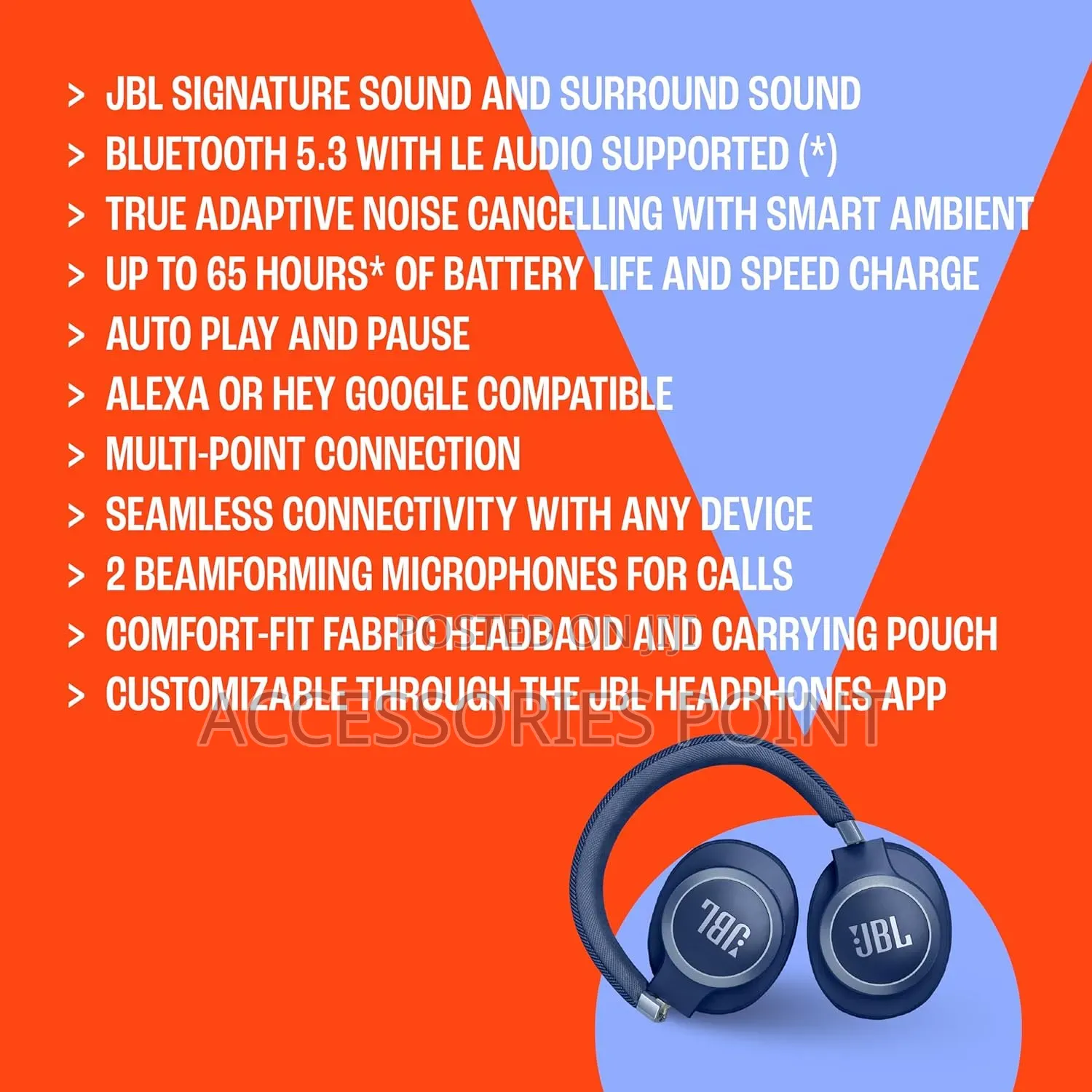 JBL Live 770nc Original Headphones, Anc, 65hrs Play, Blue/Black