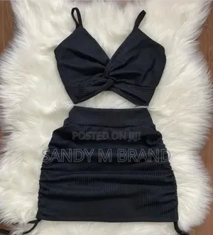 Women's Black Two-Piece Crop Top Ruched Mini Skirt Set