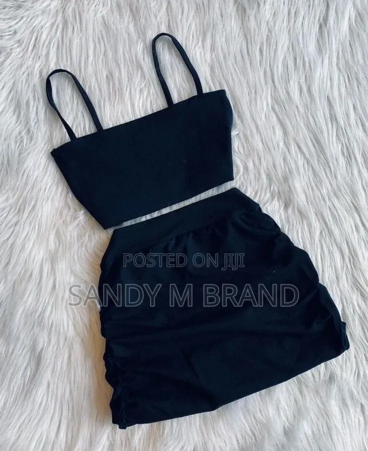 Women's Black Two-Piece Crop Top Ruched Mini Skirt Set